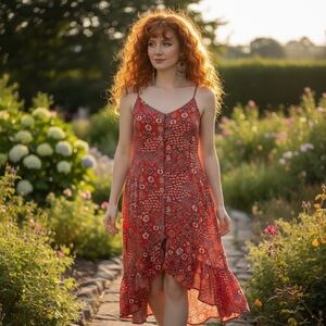 Abel the Label Lola High-Low Maxi Dress Tangerine Red Floral Boho Size S